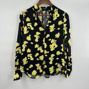 David Lerner Blouse Womens XS Black Yellow Floral Office Career Bright Button